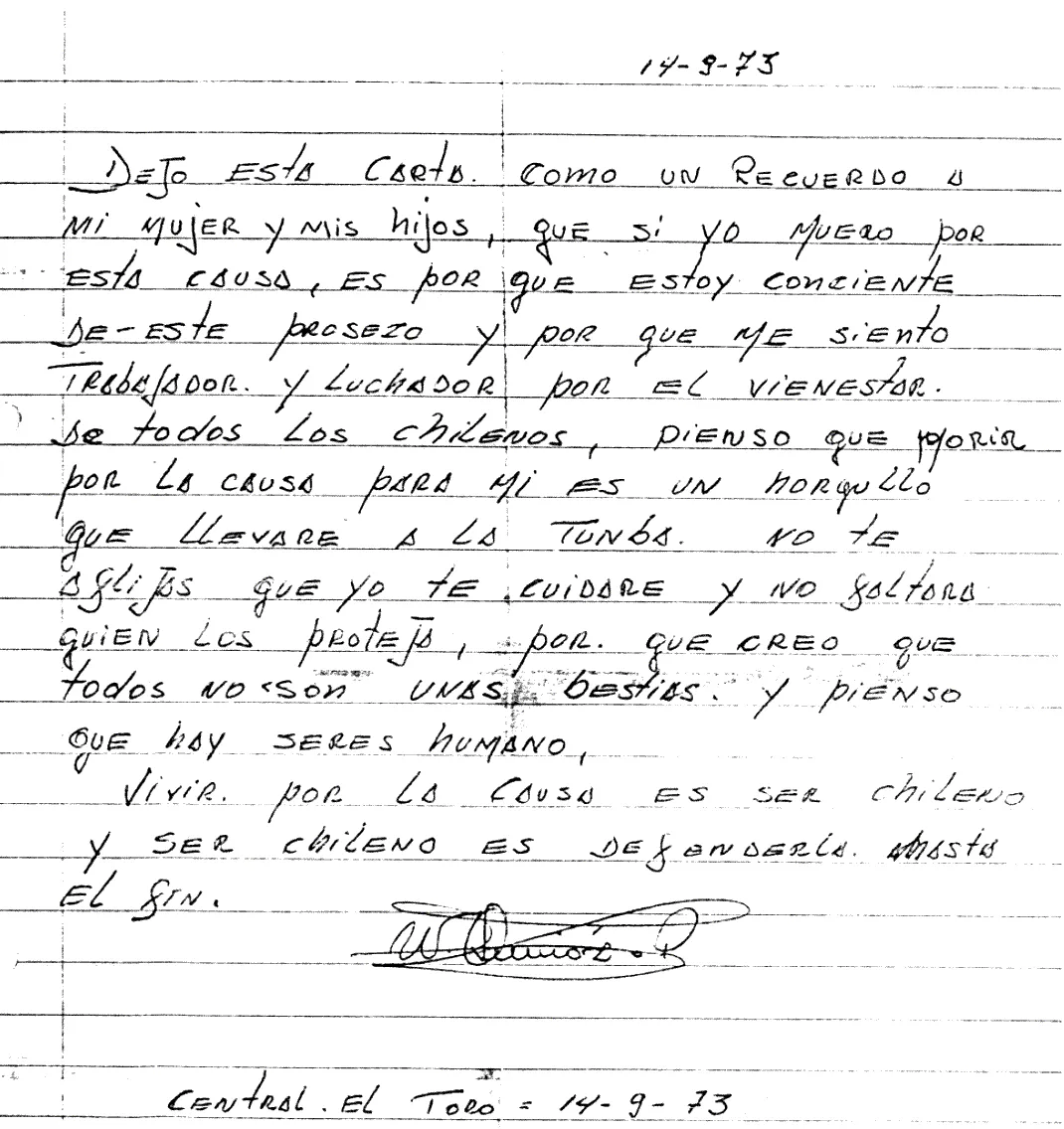 Última carta escrita para su familia